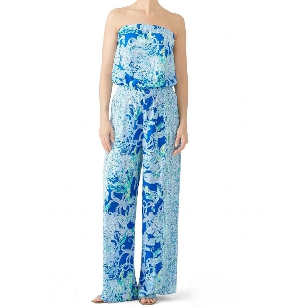Lilly Pulitzer Women's XS Pim Strapless Jumpsuit Blue Green Sea Life Octopus